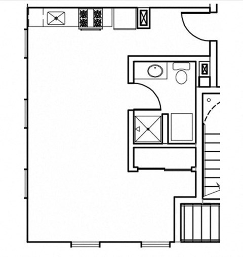A black and white floor plan of a house with a kitchen, living room, and bathroom.